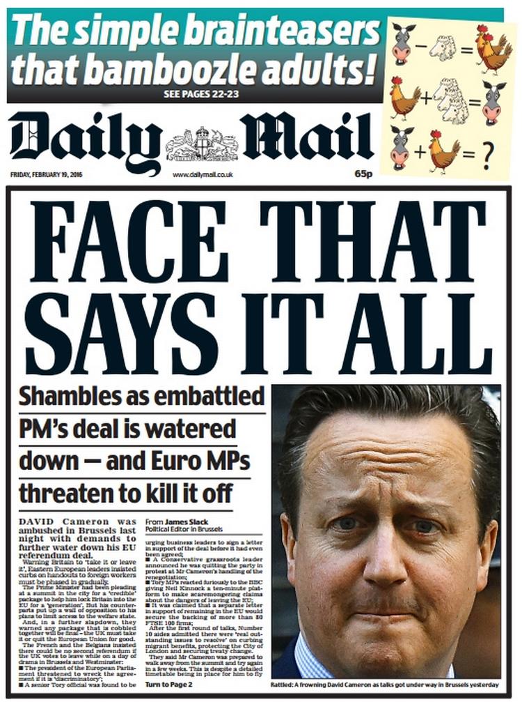Tabloid. Dagens Daily Mail hænger premierminister David Cameron ud. 