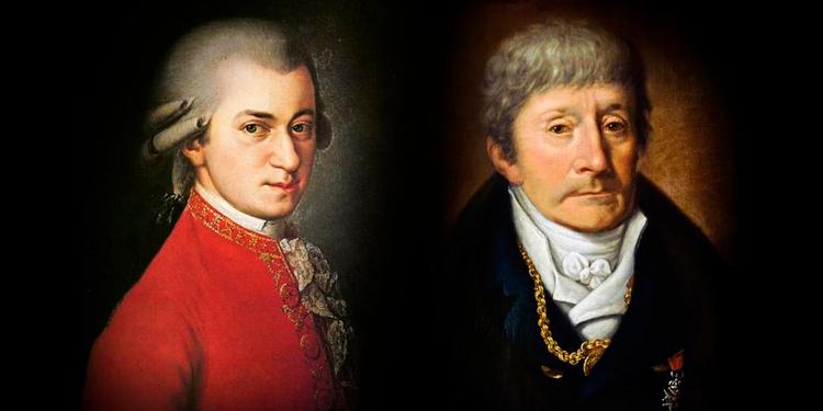 Kantate. Et nyt nodefund viser, at Mozart (th) og Salieri skrev et stykke musik sammen. 