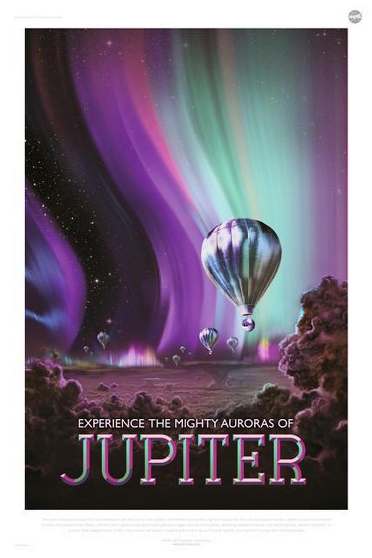 REJSEREKLAMER. Nasa's rejsebureau slår her på tromme for Jupiters storslåede nordlys, der er flere hundrede gange kraftigere end Jordens. 