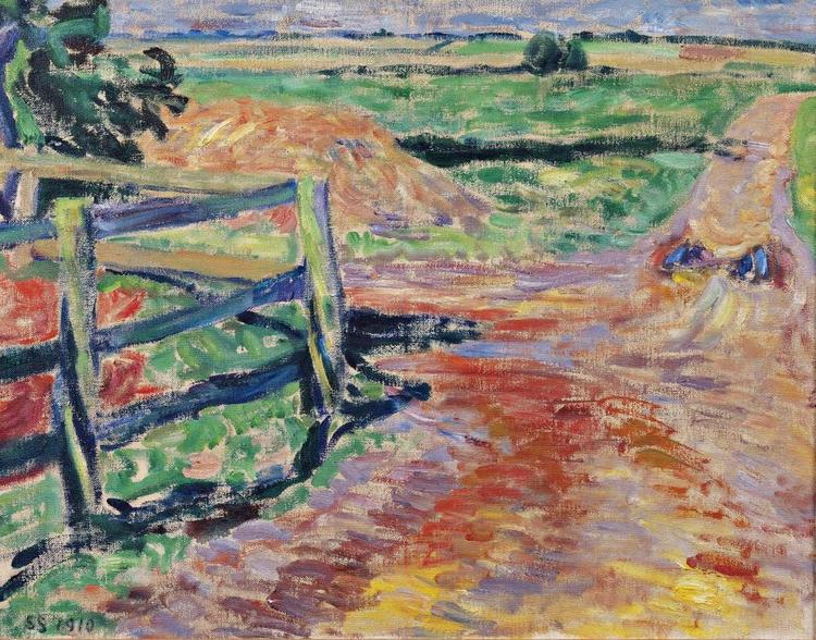 CHOK. Da Sigurd Swane malede 'Vejhjørnet', var det kun få år siden, Matisse og hans fauvister havde introduceret en helt ny farveholdning i kunsten, hvilket nok var et chok for også et dansk publikum. Foto: SMK 