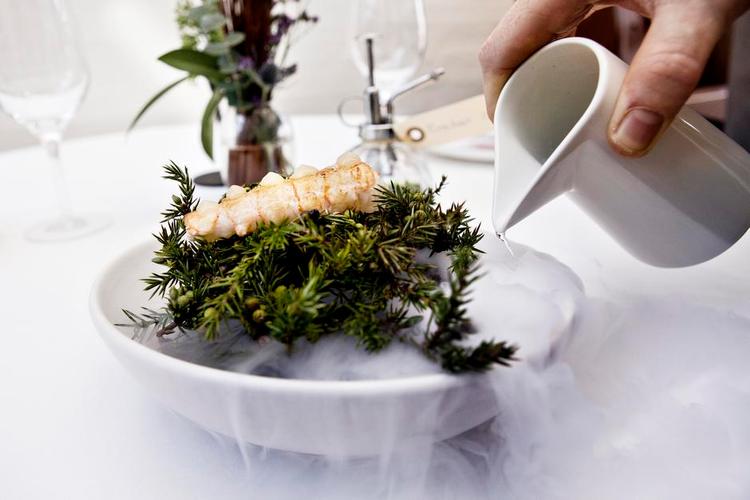 Madshow. En enebærbusk med tøris under en - lidt for - overstegt jomfruhummerhale er typisk for Aalborg-restauranten Bühlmanns overgjorte retter. 