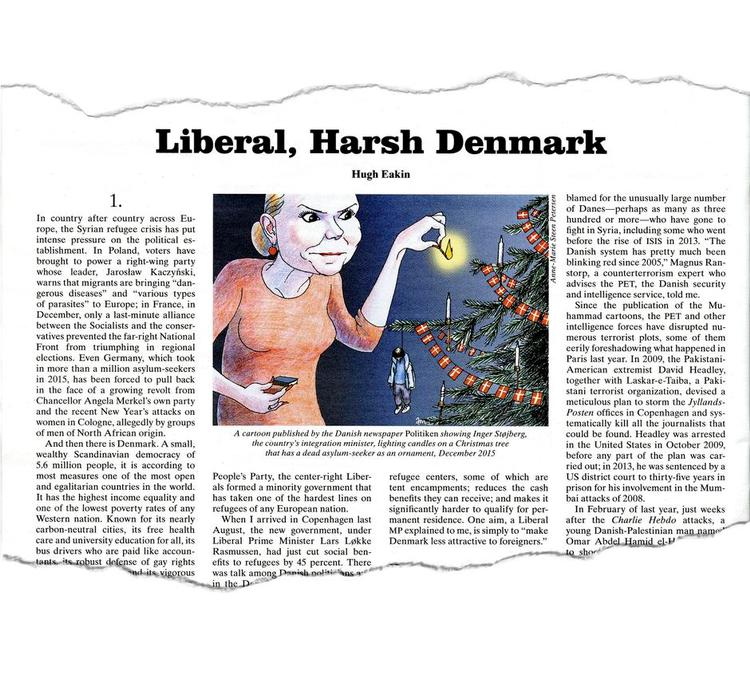 barsk. Hugh Eakins artikel om Danmark illustreres med en Anne-Marie Steen Petersen-tegning bragt i Politiken 10. december 2015. Affotografering fra New York Review of Books 