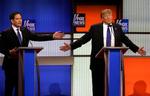 Foran. Donald Trump fører klart det republikanske felt foran Ted Cruz  og Marco Rubio ( venstre), men kan risikere ikke at få flest delegerede. 