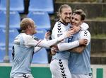 MÅLSCORERE. Sønderjyskes mål mod Brøndby bklev scoret af Tommy Bechmann (tv.) og Nicolaj Madsen (i midten). 