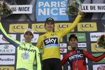 Geraint Thomas (midt) blev samlet vinder af Paris-Nice med en angrebslysten Alberto Contador (tv) på andenpladsen. Richie Porte blev nummer tre. 