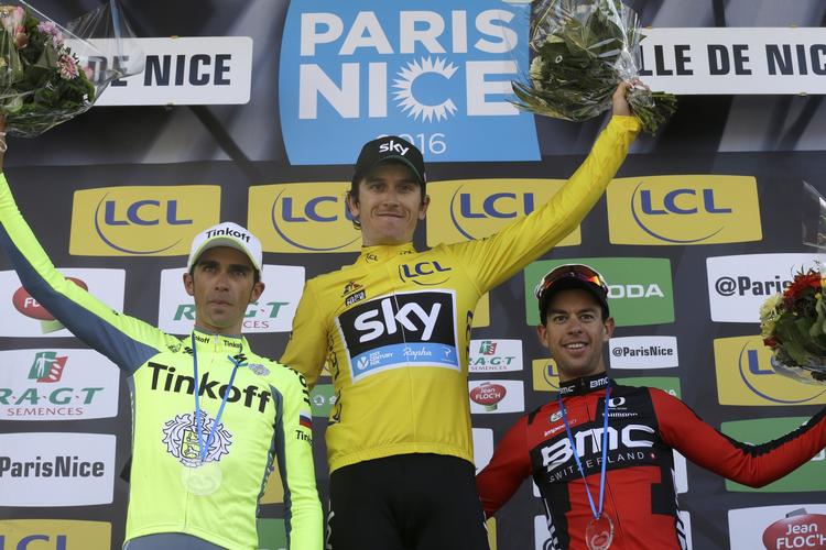 Geraint Thomas (midt) blev samlet vinder af Paris-Nice med en angrebslysten Alberto Contador (tv) på andenpladsen. Richie Porte blev nummer tre. 