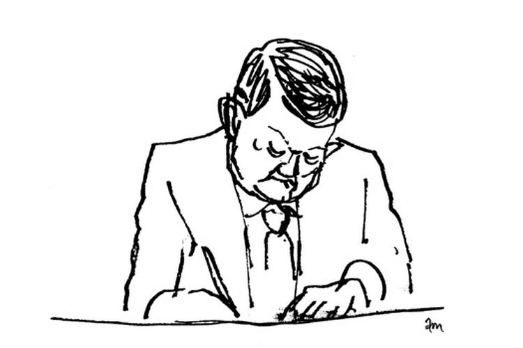 Forsvarer Jørgen Lange. Tegning: Anne-Marie Steen Petersen 