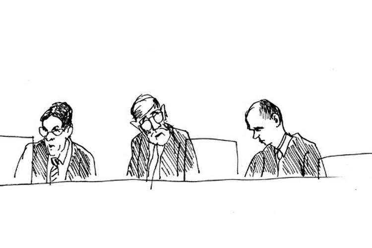 Dommer Henrik Linde i midten og hans to meddommere. Tegning: Anne-Marie Steen Petersen 