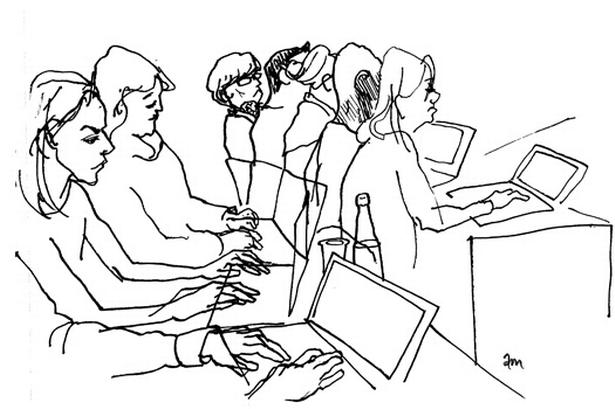 Pressen i retten. Tegning: Anne-Marie Steen Petersen 