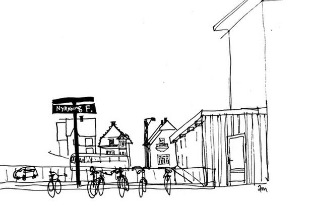 Nykøbing Falster. Tegning: Anne-Marie Steen Petersen 