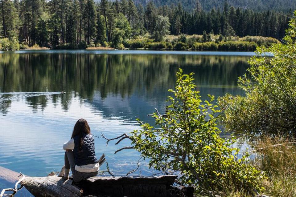 MANZANITA LAKE. Chaos Crags' savtakkede tinder spejler sig i det klare vand. Foto: Sole Bugge Møller 