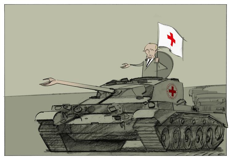 Syrien. Putin har iværksat en tilbagetrækning af russiske styrker i Syrien, efterladende Assad i en styrket position. Han har også flyttet konlfikten fra slagmarken til forhandlingsbordet. Tegning: Per Marquard Otzen 