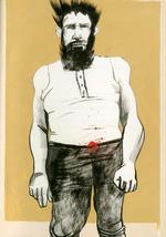 Sært. I 'De syltede børn' møder vi verden efter en eller anden form for katastrofe, der har resulteret i vanskabte mennesker og dyr. Bedemandens søn, som ses på denne tegning, har et rædelseskabinet af disse. Tegning fra bogen: Dorte Karrebæk. 