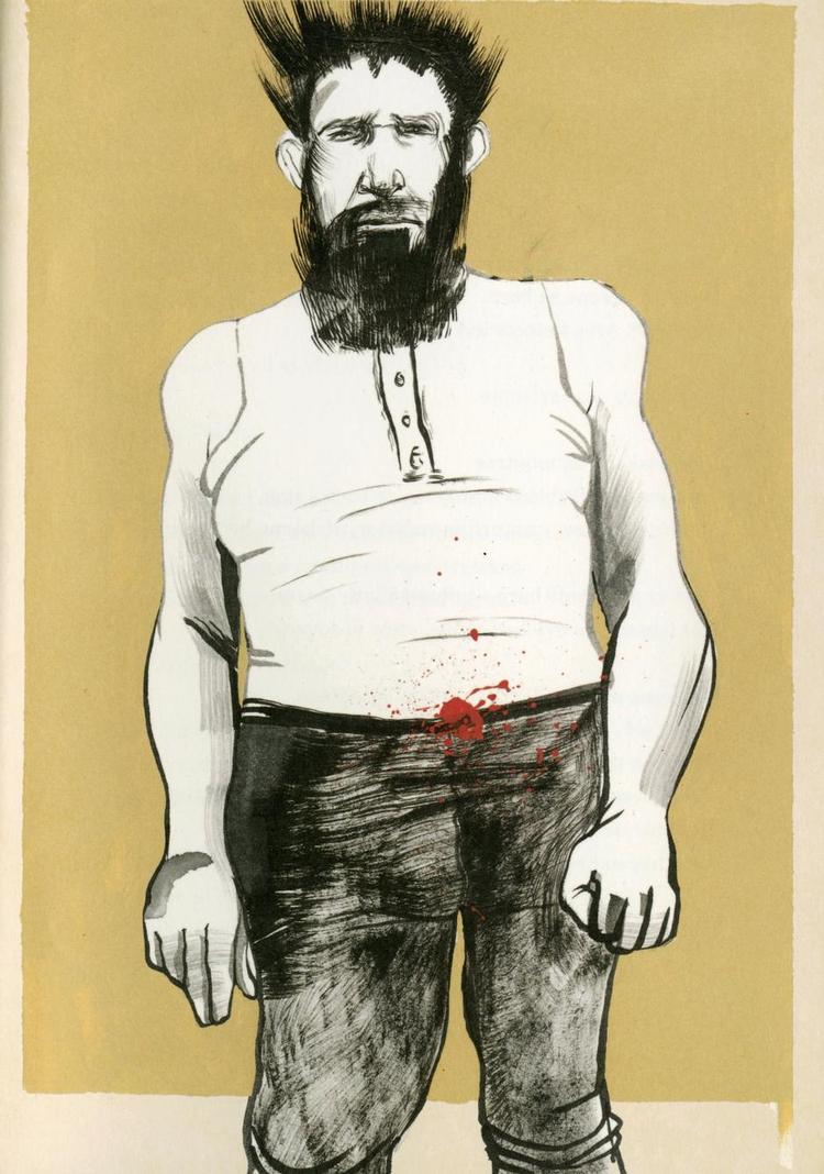 Sært. I 'De syltede børn' møder vi verden efter en eller anden form for katastrofe, der har resulteret i vanskabte mennesker og dyr. Bedemandens søn, som ses på denne tegning, har et rædelseskabinet af disse. Tegning fra bogen: Dorte Karrebæk. 