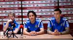 testkamp. Thomas Delaney (midt) på pressemødet med Daniel Agger og landstræner Åge Hareide. 