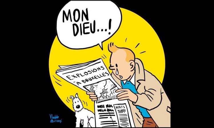 MEDFØLELSE. Dette billede var et af de mange Tintin-tegninger, der cirkulerede i dagene efter angrebene i Bruxelles, hvor bl.a. mange Facebook-brugere skiftede deres profilbilleder ud med en grædende Tintin. (Foto: Instagram/@Vlado) 