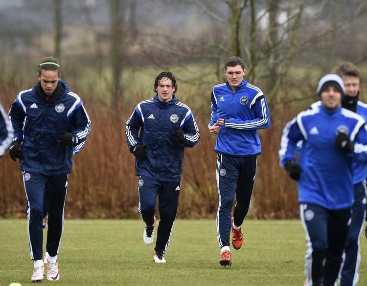 Hovedspil. Yussuf Poulsen (fv.), Thomas Delaney og Andreas Christensen skal være med til at dominere luftrummet. 