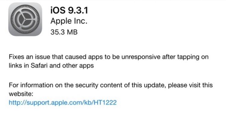 LØSNING. Efter flere forsøg med iOS 9.3, der fik mange Apple-enheder til at gå ned og gøre links ubrugelige, har Apple nu udsendt en helt ny version af iOS, der skulle fikse problemerne (Foto: Apple/Screenshot). 
