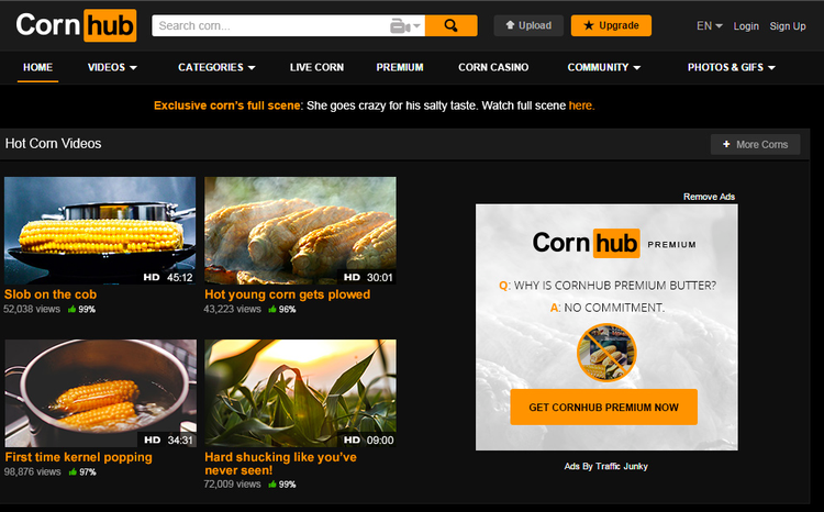 MAJSKOLBER. I dag har verdens største samling af porno skiftet både navn og indhold. Nu hedder siden CornHub og den bare hud er skiftet ud med majs. 