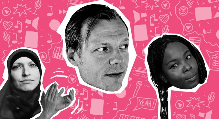 Panelet. Tv-anmelder og podcastredaktør Katrine Hornstrup Yde, kulturredaktør Rune Lykkeberg samt musikanmelder Lucia Odoom. Hvorfor har Katrine Yde tørklæde på?, spørger du måske. »Fordi Reems mor er den, jeg identificerer mig mest med i X Factor. Hver gang der krydsklippes til forældre i X Factor, skælver mit hjerte. Jeg identificerer mig ikke længere med deltagerne (selv om jeg havde en drøm, hvor jeg var Andrew Murray), jeg identificerer mig med de bløde, nervøse, stolte forældre. Når jeg ser X Factor, er jeg stolt af Reem«. Illustration: Aslak Elias Kelkka 