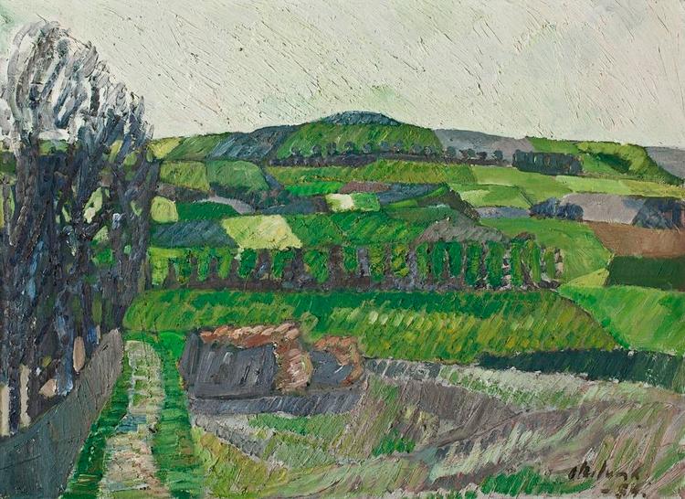 Grønt. På Martsudstillingen 1955 viste maleren Poul Ekelund dette billede af ’Grønt forårslandskab’ fra 1954. Han døde i 1976 og var det første af medlemmerne, der forsvandt. 