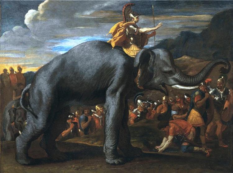 KRIGSTOGT. Hannibal og hans krigselefanter havde stort held under den 2. puniske krig. Her er feltherren malet af Nicolas Poussin i begyndelsen af 1600-tallet. 