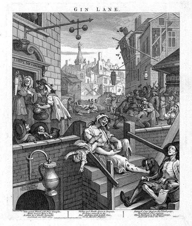 Brandert. Hogarths stik 'Gin Lane' fra 1751. Sådan går det, når man ikke holder måde med alkoholen. 