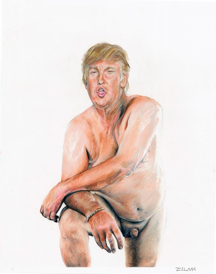Bar. Donald Drump tegnet som Gud skabte ham. Den fulde version af tegningen ses nederst i artiklen. Tegning: Illma Gore 