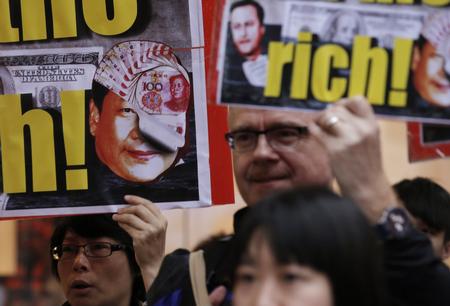Demonstranter i Hong Kong med billeder af præsident  Xi Jinping og den britiske premierminister David Cameron efter afsløringen af Panama Papers. 