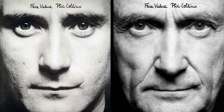 Metamorfose. Her Phil Collins, i først oprindelig udgave og siden i den nye. 