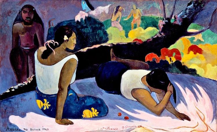 Henslængt. Paul Gauguins oliemaleri på lærred 'Liggende Tahitikvinder' er en typisk 'Gauguin'. 