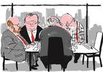 Trepartsforhandlinger. Tegning: Mette Dreyer 