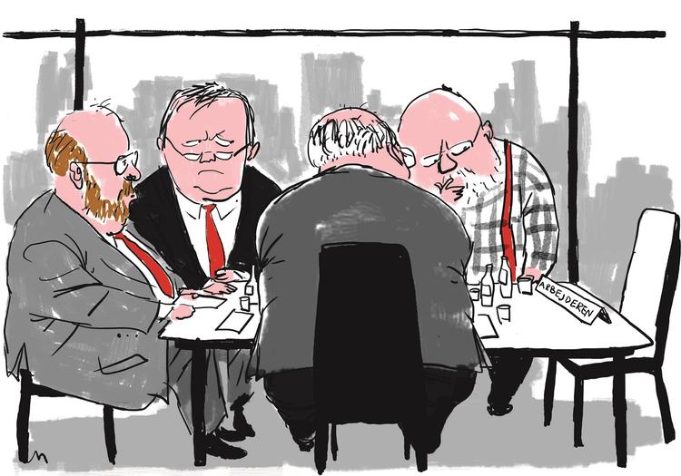 Trepartsforhandlinger. Tegning: Mette Dreyer 