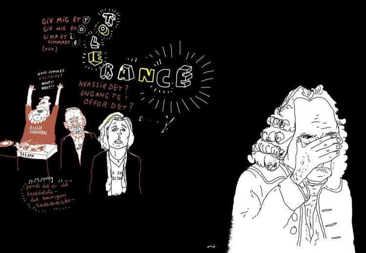 Ytringsfrihed. Nyoversættelse af Voltaire viser, at følger man hans tankegang, ender man der, hvor man beder de provokerende tie stille. Tegning: Philip Ytournel 