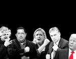 Bredspektret. Vor tids populisme kan være anarkistisk, højreorienteret og venstreorienteret. Fra venstre Beppe Grillo, Hugo Chavez, Marine Le Pen, Viktor Orbán og Donald Trump. 