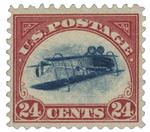 Værdiforøgelse. Frimærket med dobbeltdækkerflyet Curtiss JN-4 kaldet 'Jenny' var i 1918 blot 24 cent værd. Men et særligt fejltryk, hvor Jenny vender på hovedet, sælges i dag for millioner af kroner. 