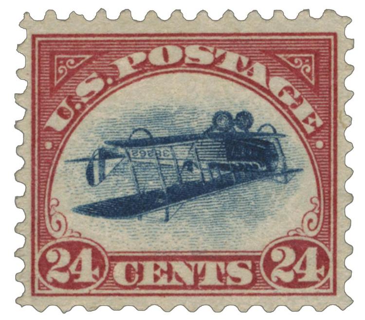 Værdiforøgelse. Frimærket med dobbeltdækkerflyet Curtiss JN-4 kaldet 'Jenny' var i 1918 blot 24 cent værd. Men et særligt fejltryk, hvor Jenny vender på hovedet, sælges i dag for millioner af kroner. 