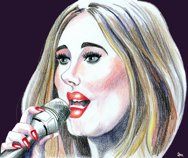 Adele. Danske fotografer kunne ikke arbejde i Forum under koncerten i går, og vi bringer derfor i stedet en tegning af superstjernen. 