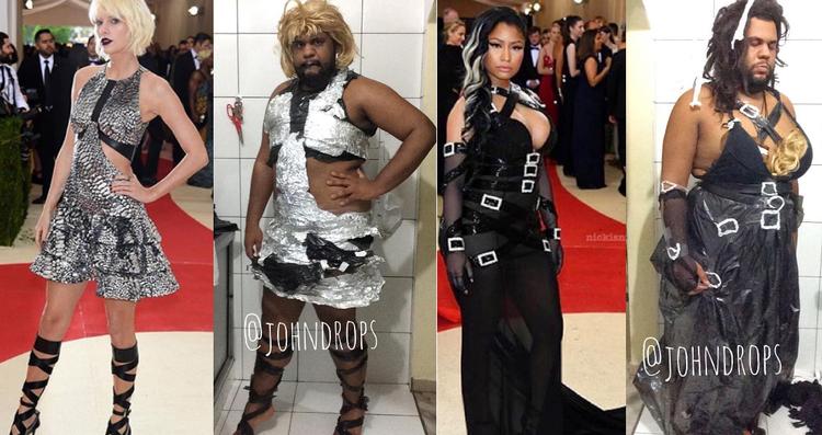 HJEMMELAVET. Instagram-brugeren @johndrops begejstrede i denne uge nettet med sine sjove parodier på kendiskjoler, lavet i sølvpapir og sorte affaldssække . 