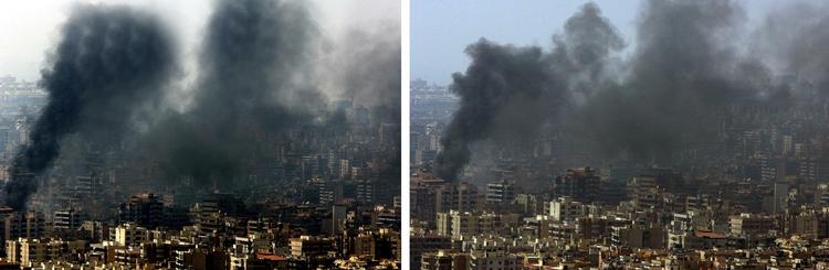 Manipulation. Der er mange måder at manipulere sine fotografier på. Her har freelancer Adnan Hajj redigeret røgen fra brandende bygninger i Beirut, så røgskyen fremstår stærkere, end det originale fotografi viser. 