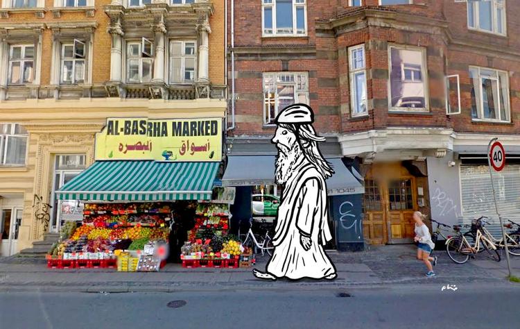 Vandring. Kan man få adgang til de religiøse kun iført vandresandaler? Tegning: Philip Ytournel på Google Streetview 