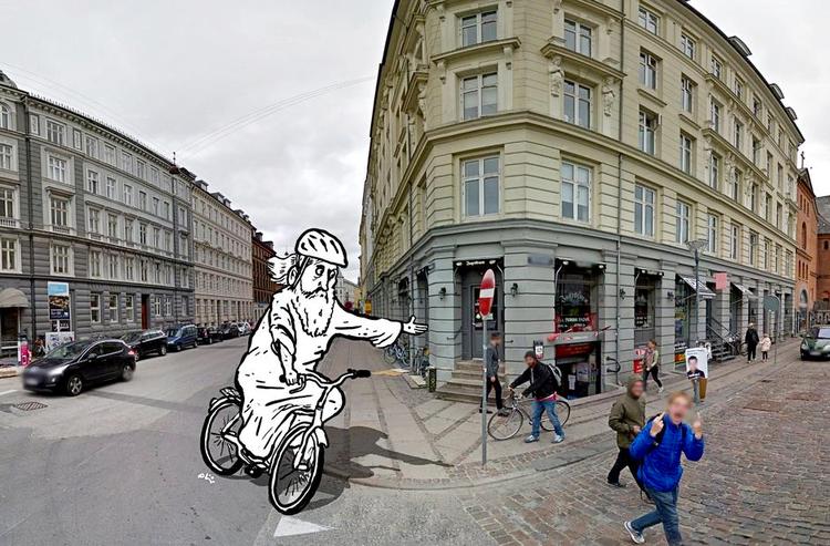 Jernhest. Jesus var en ivrig fodgænger, og cyklen har han ikke kendt til. Så det kan sagtens undskyldes, at han her har gang i en noget ureglementeret manøvre. Godt nok giver han tegn, men han skærer svinget forkert af og kører ind, hvor man ikke må.Og så mangler cyklen i øvrigt også de lovpligtige reflekser. Men det skyldes vist mere bladtegneren bag: Philip Ytournel (på baggrund fra Google Streetview) 