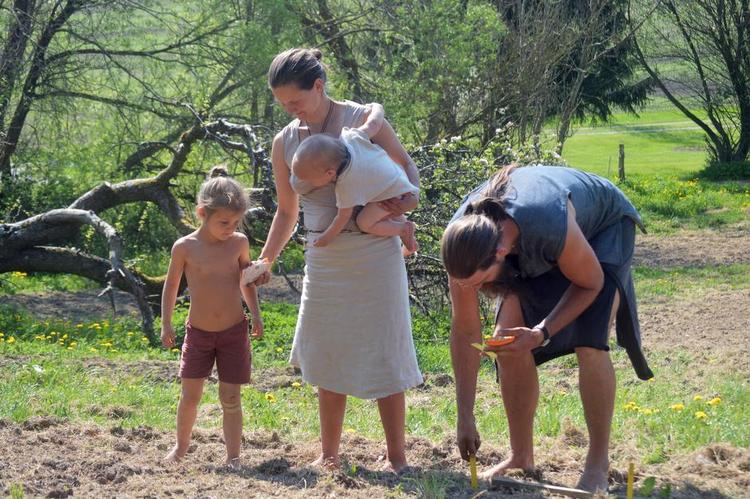 FÆLLESSKAB. Far og mor, Mikkel og Frida, er i fuld gang med at så. Børnene hjælper, så godt de kan - her Ylva på fem og lille Burre på et år. 