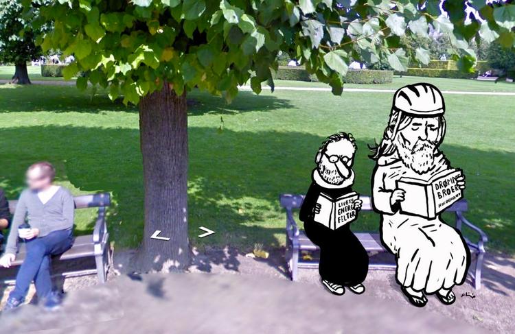 Gudelæsning. Er der samme eksistentielle visdom at hente i Henrik Nordbrandts forfatterskab som i Bibelen? Det må være op til dig selv at vurdere. Vi kan blot konstatere, at Henrik Nordbrandt fik trykt digtet ’Kong Gylle’ her på Bagsiden i februar. Illustration: Philip Ytournel på Google Streetview 