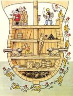 Snedigt. Iført fez og snabelsko og krumsabler svømmer de under morfars skib og borer hul i det, så det synker. Illustration fra bogen/Jan Lööf 