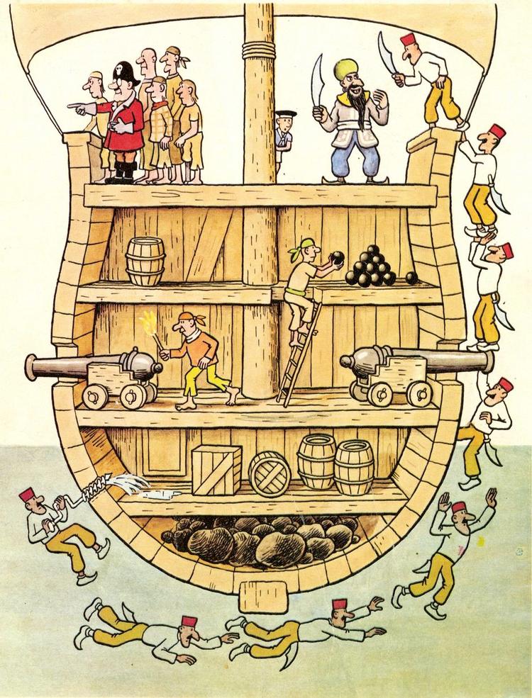 Snedigt. Iført fez og snabelsko og krumsabler svømmer de under morfars skib og borer hul i det, så det synker. Illustration fra bogen/Jan Lööf 