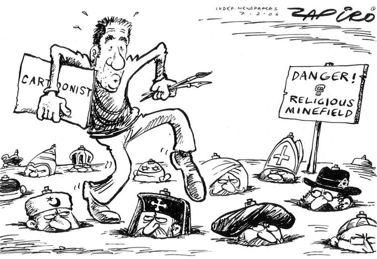 Satire. Zapiro har kommenteret de besværligheder en satiretegner har, hvis han vælger religion som emne. Tegning: Zapiro 