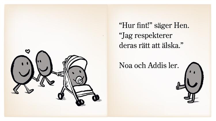 Opbyggelig. Hens hverdageeventyr bringer en række væsentlige temaer i spil. Her er det seksualitet, ligestilling, parforhold og forældreskabet. Illustration: Fra 'Hen respekterer alle'. 