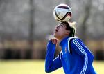 oprykker. Yussuf Poulsen under træning med det danske landshold, som han ikke kommer til at følge på turen til Japan. 