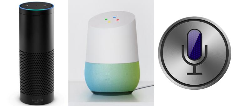 SNAKKETØJ. Amazon Echo (tv), Google Home (midten) er intelligente højttalere, man kan tale med. Nu vil Apple også lave én, baseret på den virtuelle assistent Siri (th.) 